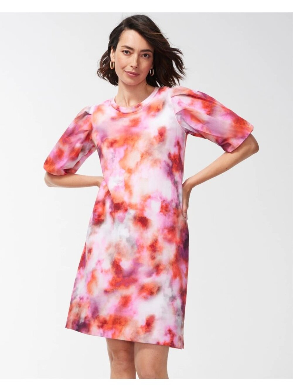 Chicos Zenergy Dress Small P French Terry Tie Dye Blouson Pink Multi Career Chic
